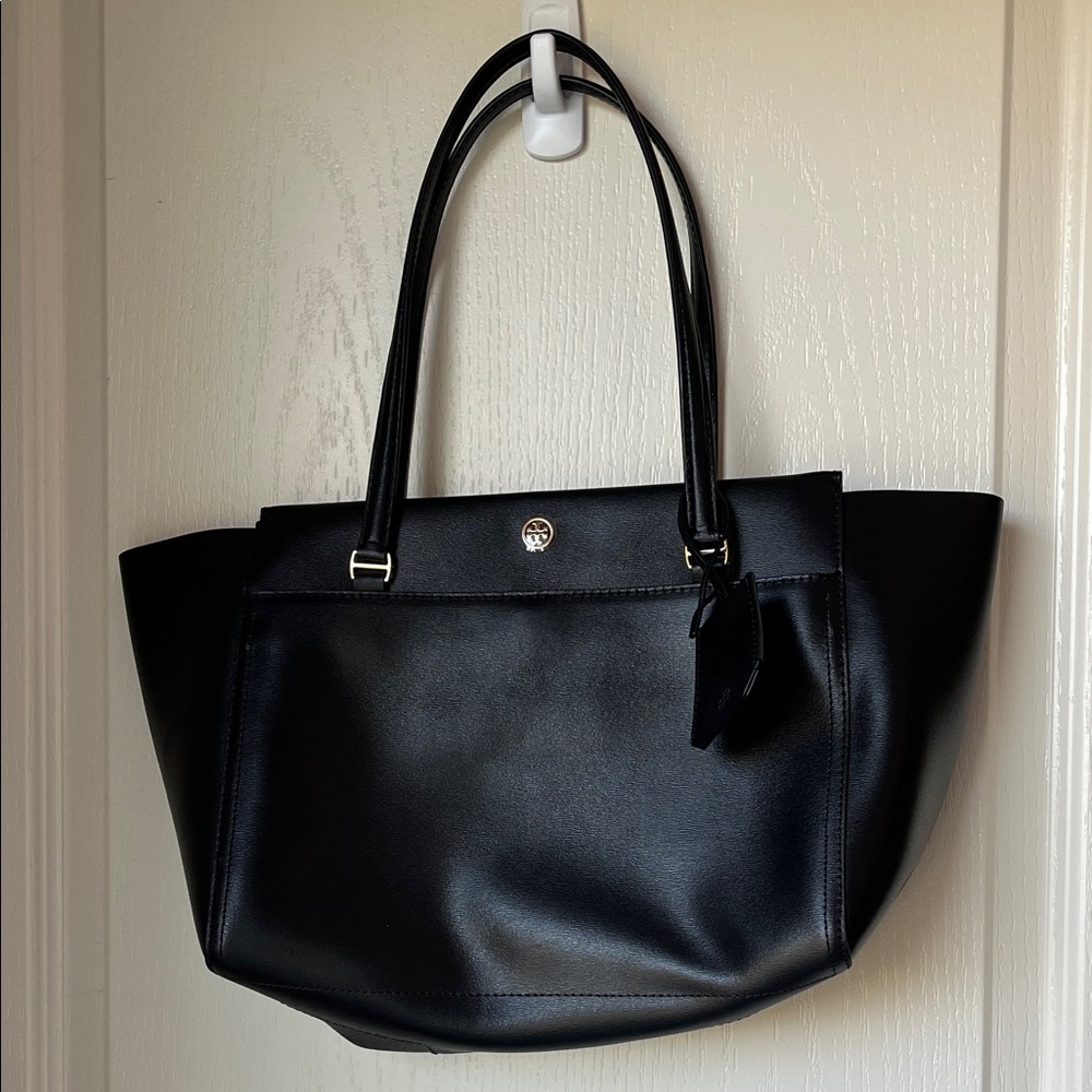 NWT Tory Burch Elegant Black Leather Parker Small Tote with Gold Accents
